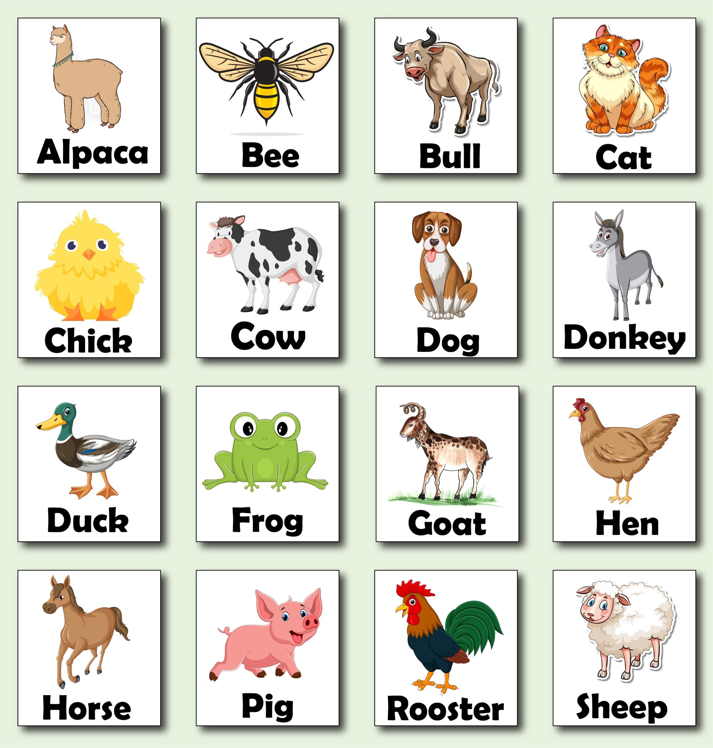 16 Farm Animals Flash Cards Montessori Flashcards Educational Cards INSTANT DOWNLOAD Etsy