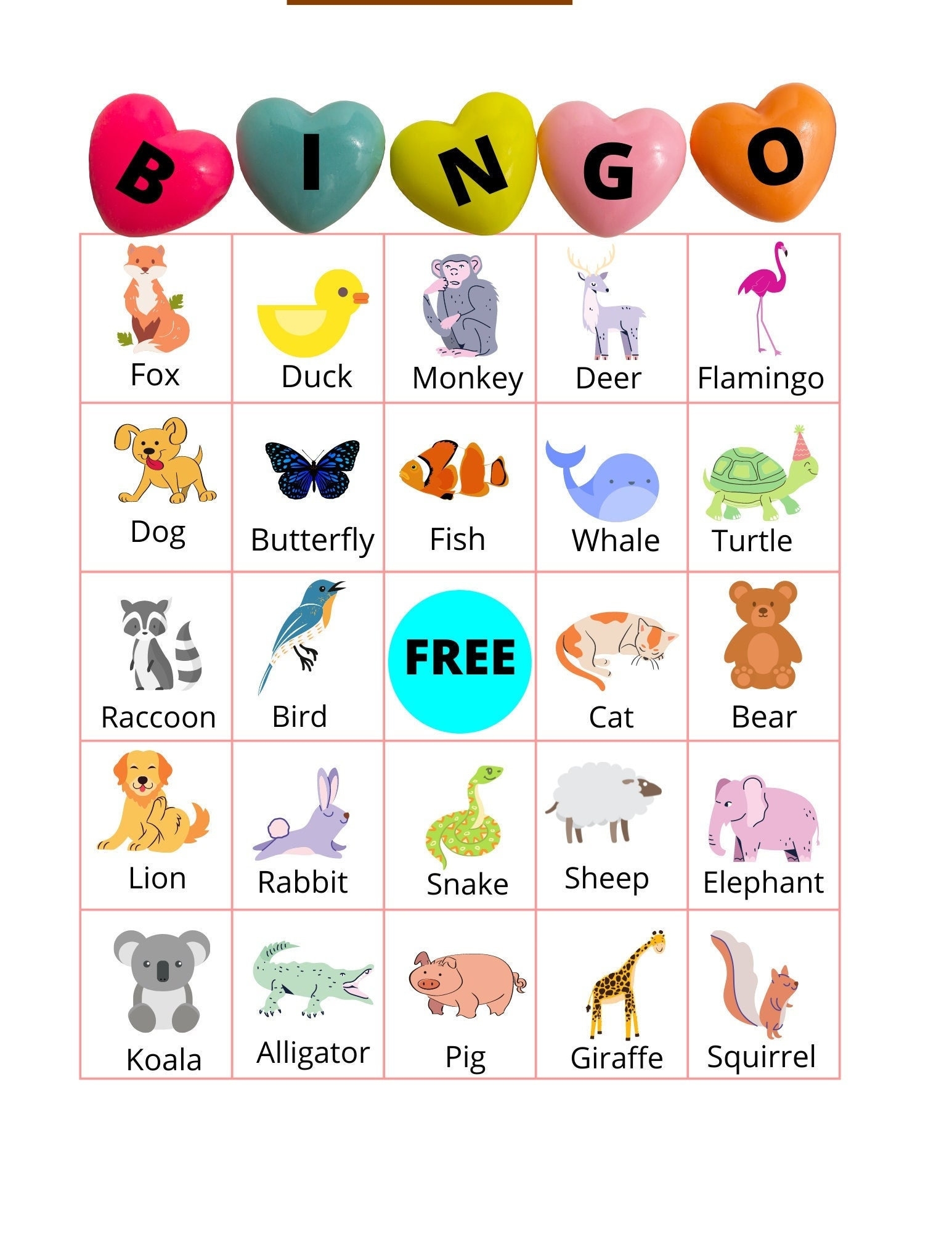 Animal Bingo For Kids Bingo Template Instant Animal Bingo Printable Animal Bingo For Kids Animal Bingo Game For Children Etsy