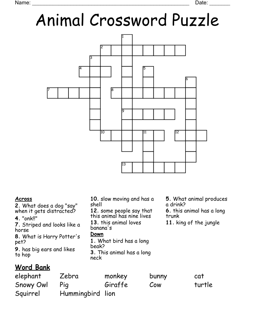 Animal Crossword Puzzle WordMint Animal Crossword Puzzle WordMint
