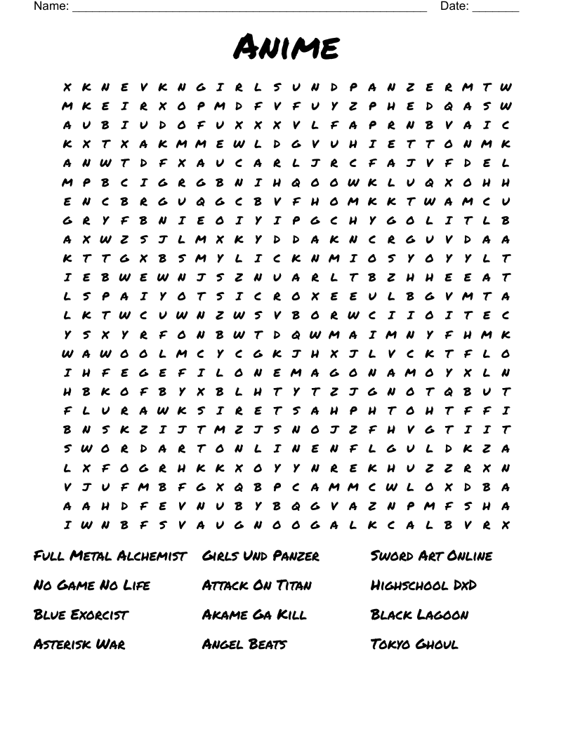 Anime Word Search WordMint Anime Word Search WordMint