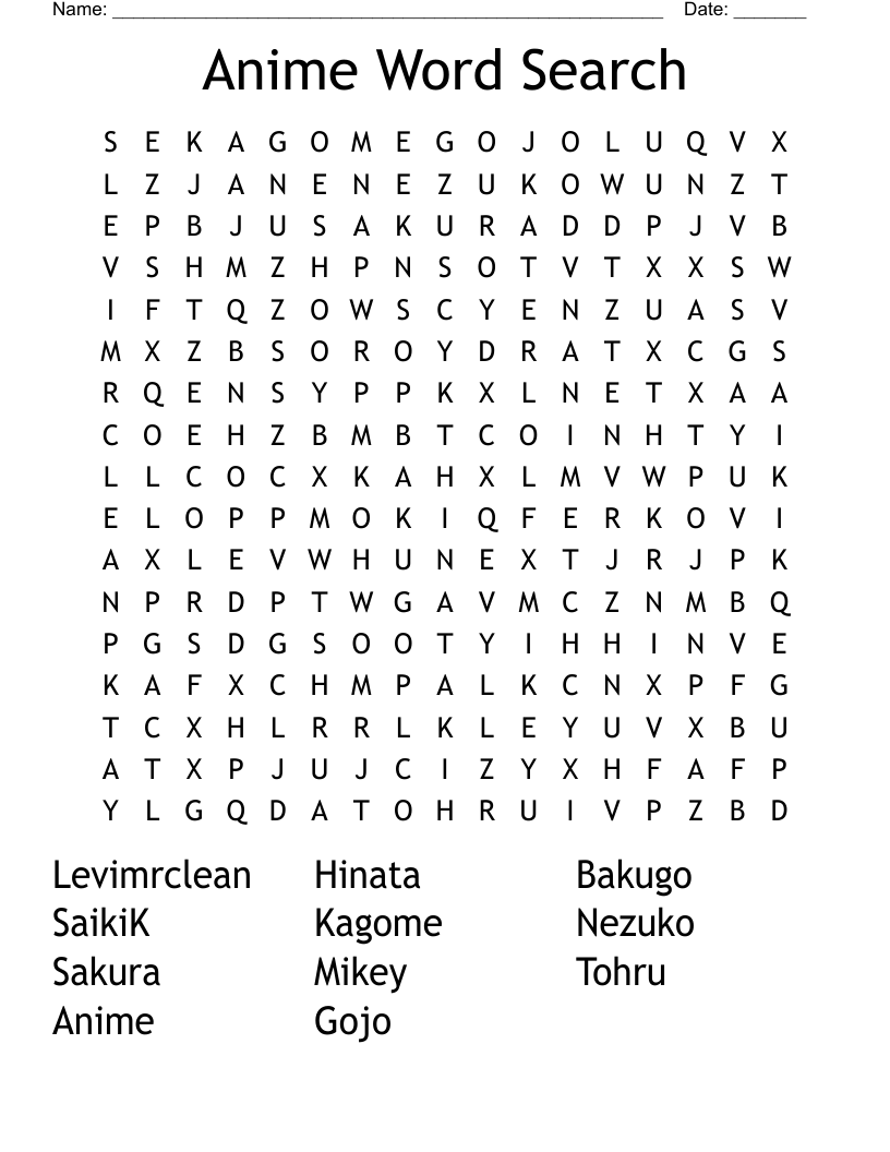 Anime Word Search WordMint Anime Word Search WordMint