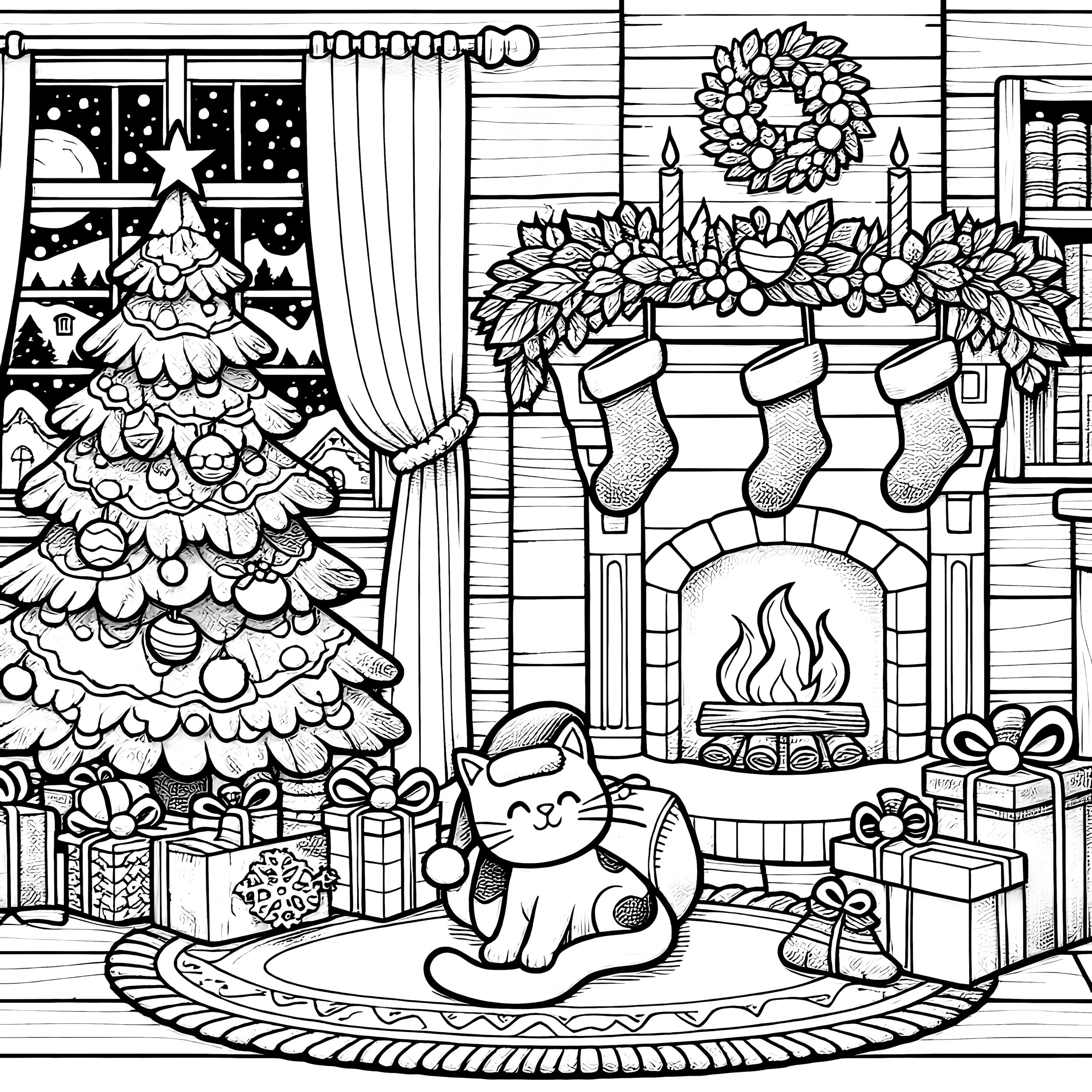 Cat In Front Of Fireplace Christmas Tree coloring Page Cat In Front Of Fireplace Christmas Tree coloring Page