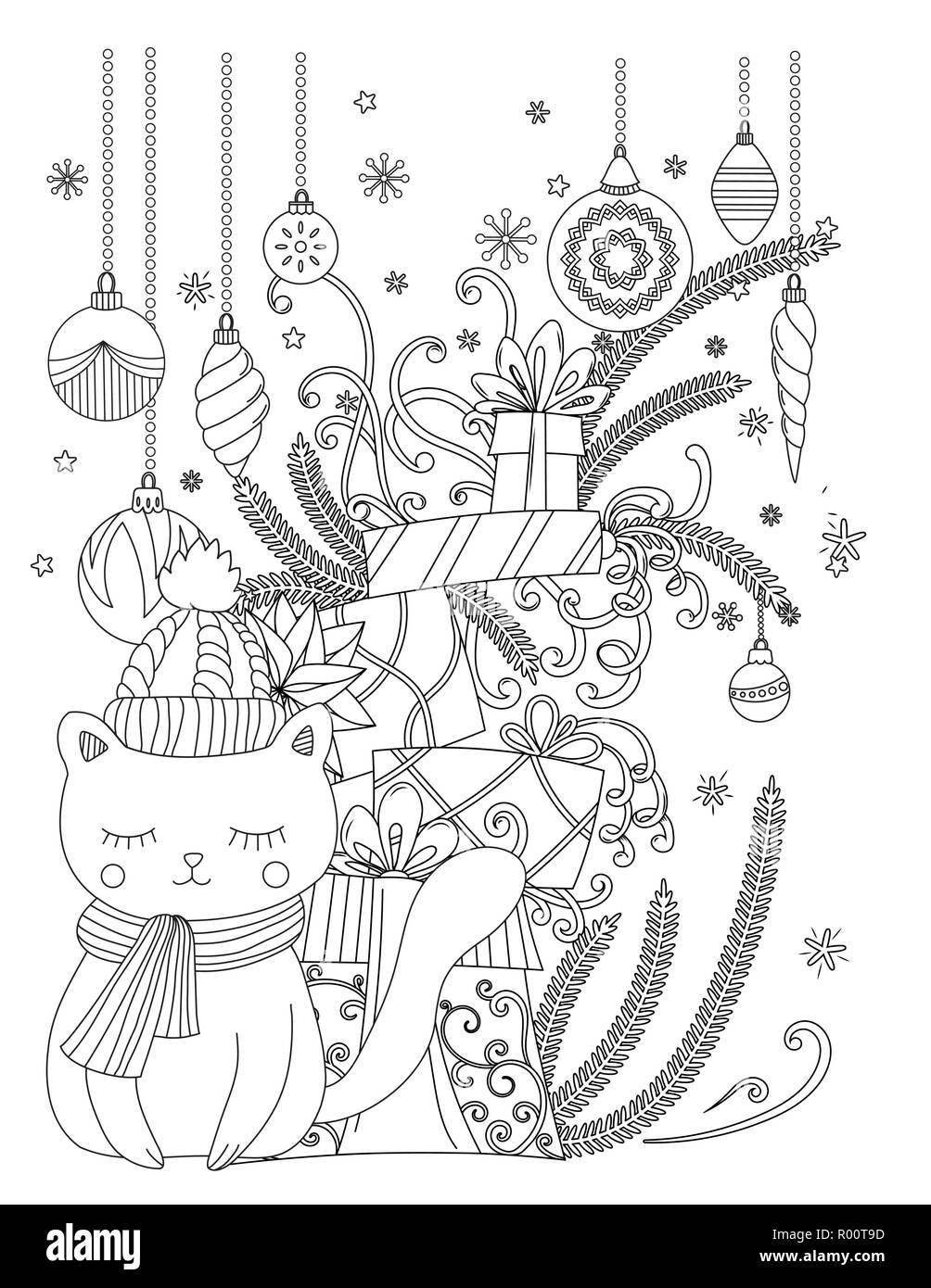 Christmas Coloring Page For Kids And Adults Cute Cat With Scarf And Knitted Cap Pile Of Holiday Presents Hand Drawn Vector Illustration Stock Vector Image Art Alamy Christmas Coloring Page For Kids And Adults Cute Cat With Scarf And Knitted Cap Pile Of Holiday Presents Hand Drawn Vector Illustration Stock Vector Image Art Alamy