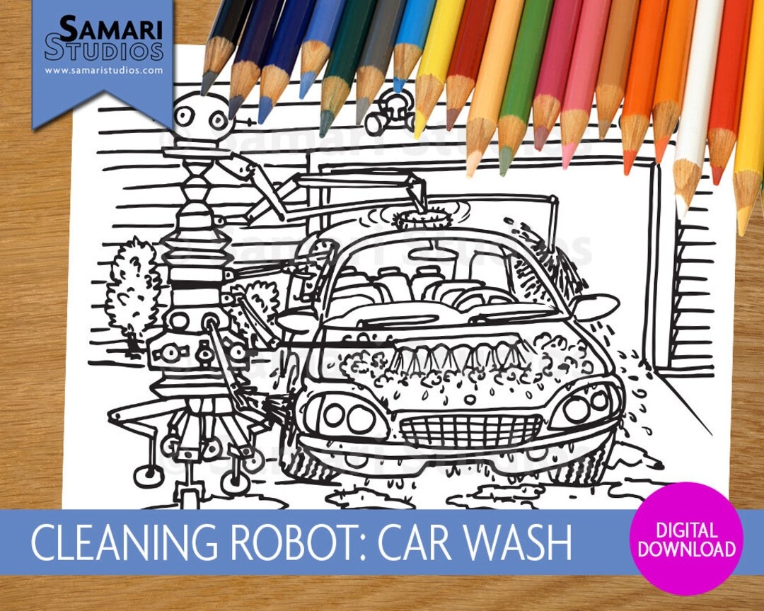 Cleaning Robots Car Wash Hand Drawn Printable Coloring Sheet Kids Coloring Page Instant Download Printable Etsy
