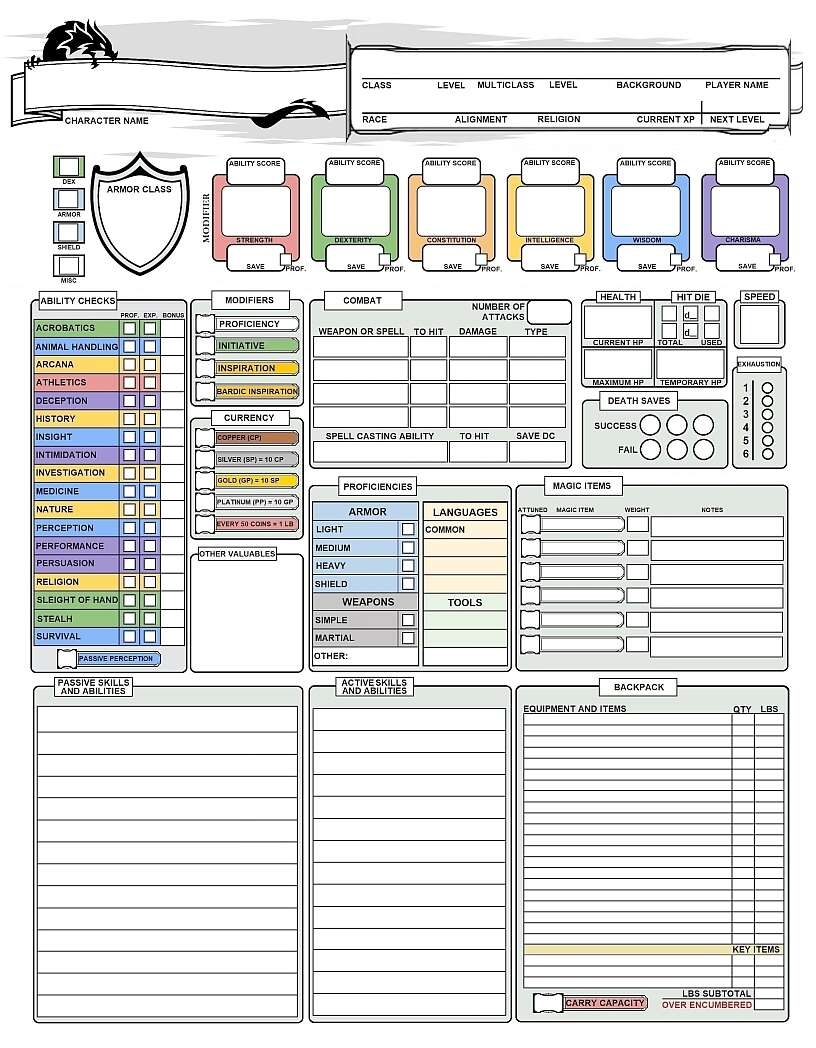 Color Coded Auto Calculating Character Sheet For 5e Dungeons And Dragons Lahrs DriveThruRPG Color Coded Auto Calculating Character Sheet For 5e Dungeons And Dragons Lahrs DriveThruRPG