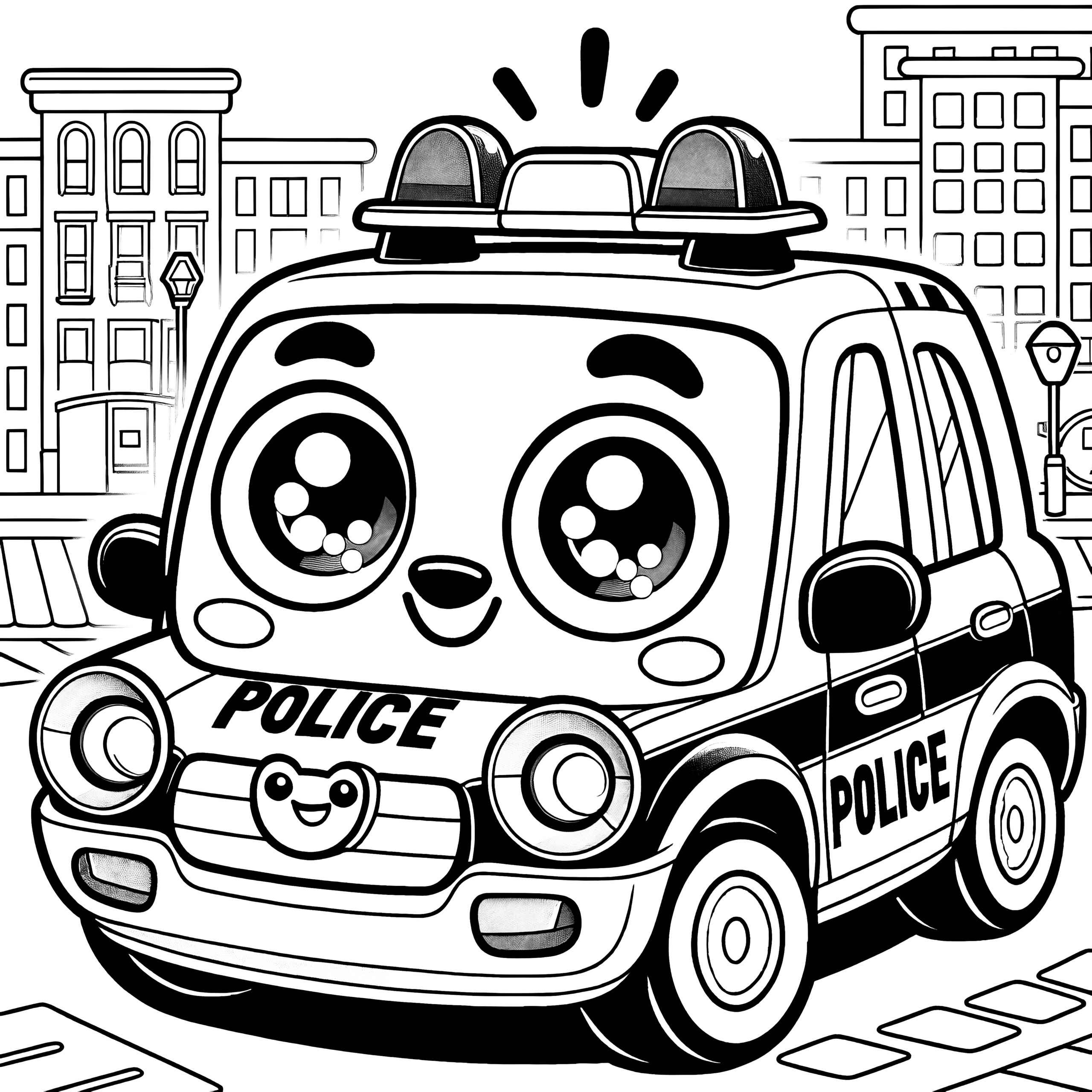 Cute Toy Police Car In Front Of Buildings Coloring Picture For Kids Free 