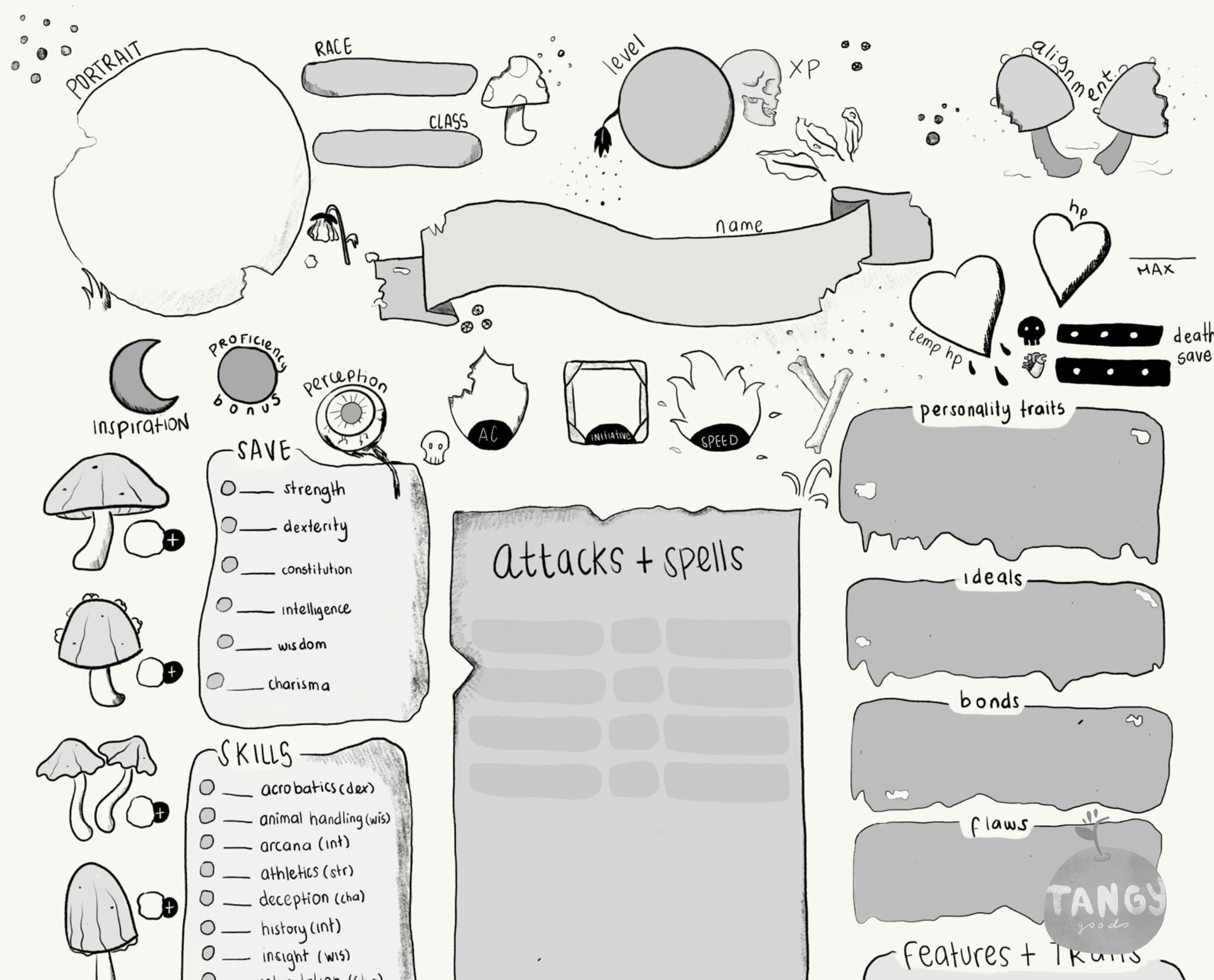 D D 5e Character Sheet PDF Printable For Dungeons And Dragons Mushroom Decay Sketchy Style Etsy