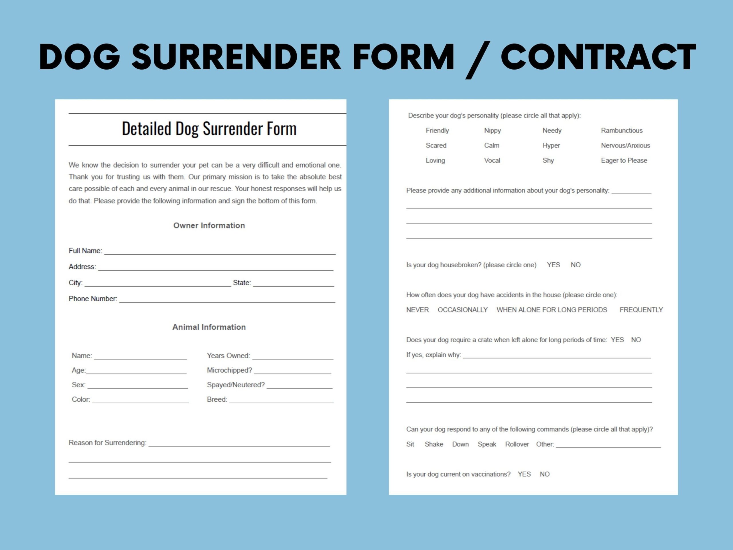 Detailed Dog Surrender Form For Shelters Rescues And Humane Societies Etsy Detailed Dog Surrender Form For Shelters Rescues And Humane Societies Etsy