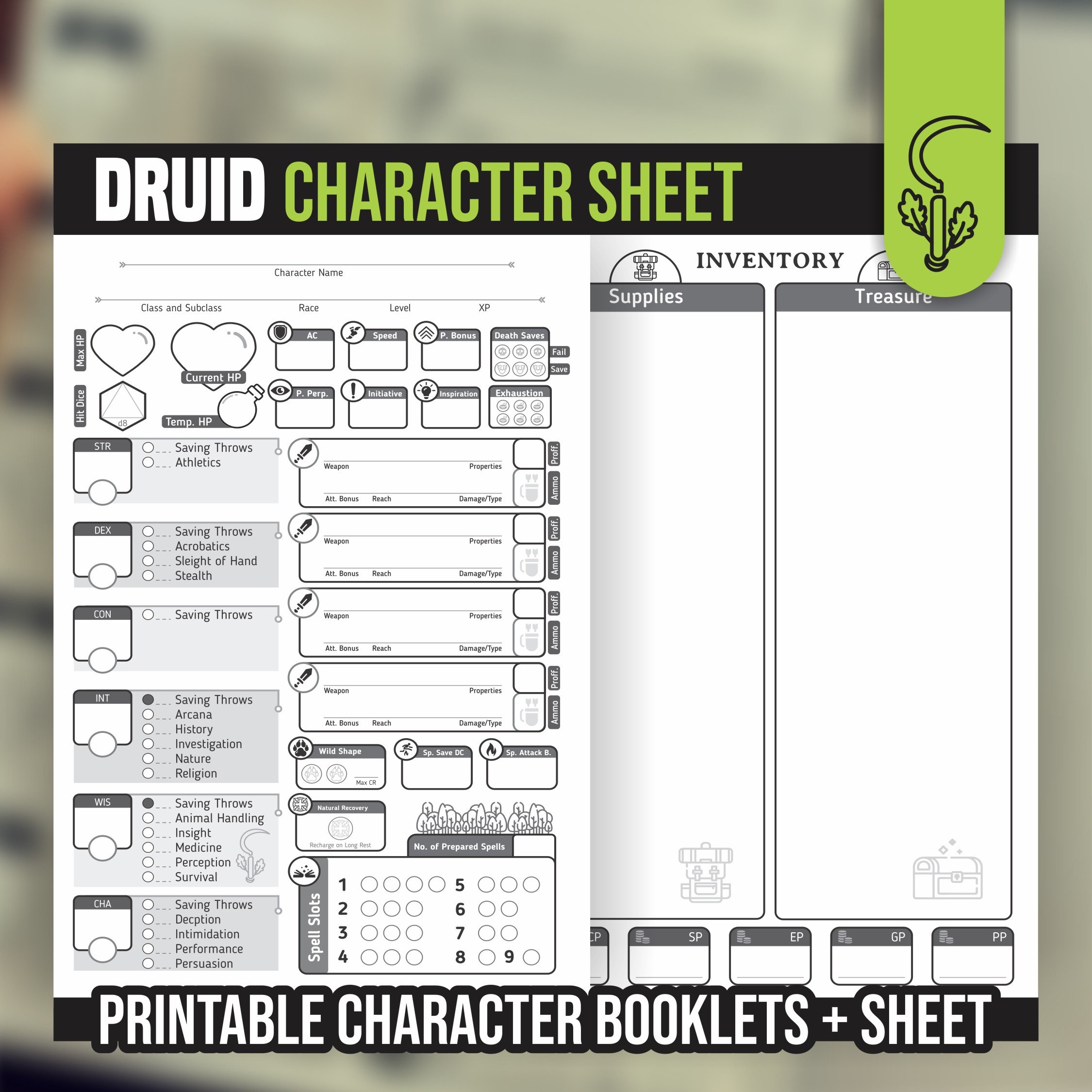 DRUID CHARACTER SHEET For DnD 5e Form Fillable Pdf Dungeons And Dragons Printable Character Sheet D D DnD Character Journal