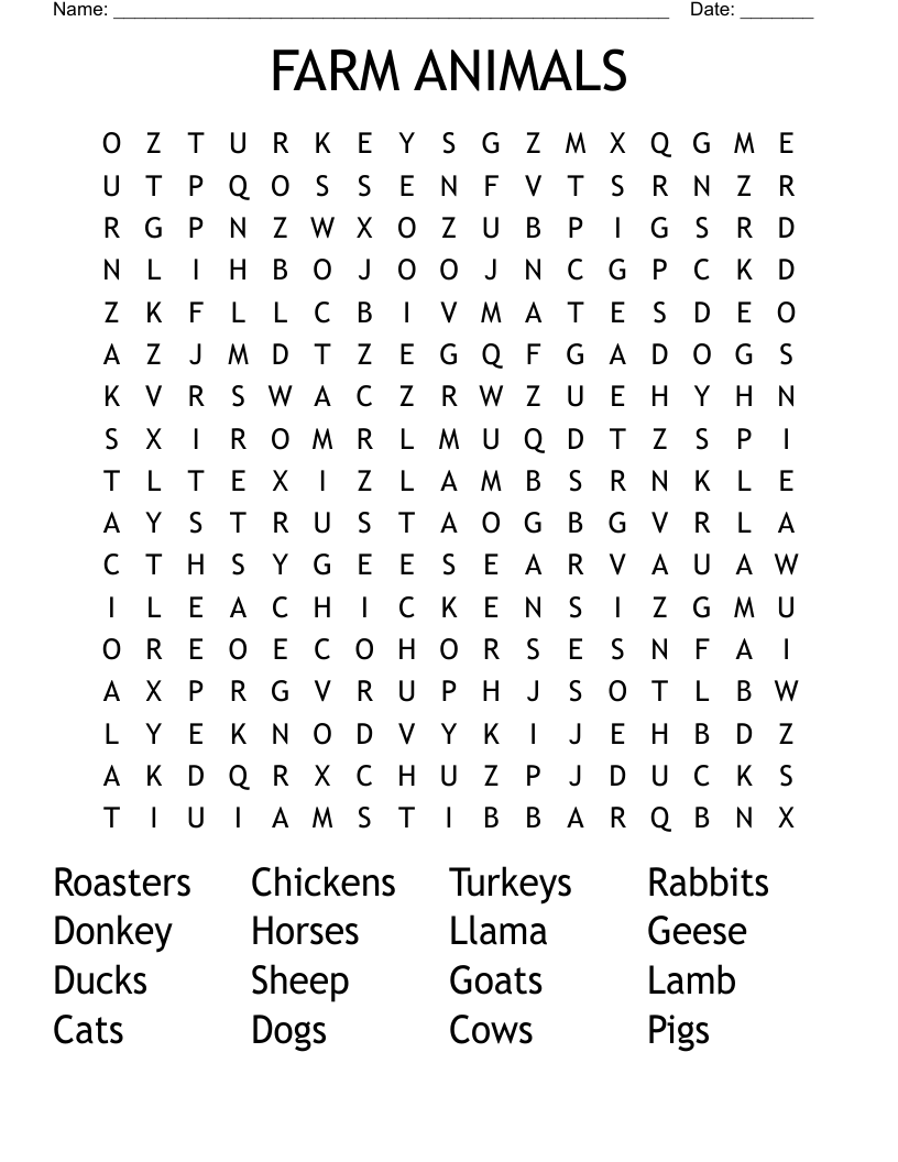 FARM ANIMALS Word Search WordMint FARM ANIMALS Word Search WordMint