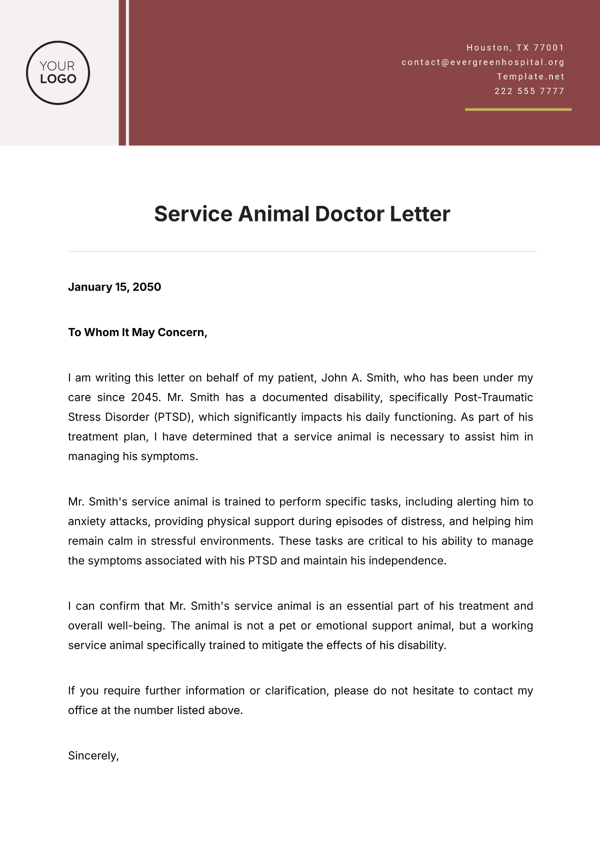 free printable emotional support animal letter template