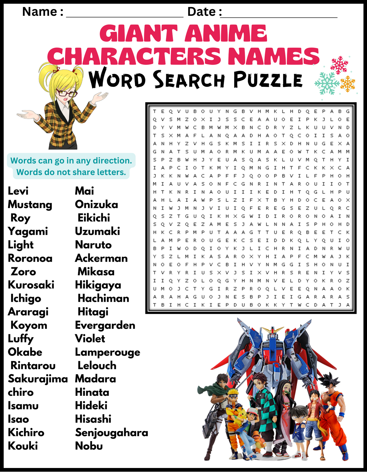 GIANT ANIME CHARACTERS NAMES Word Search Puzzle Worksheet Activity Made By Teachers GIANT ANIME CHARACTERS NAMES Word Search Puzzle Worksheet Activity Made By Teachers