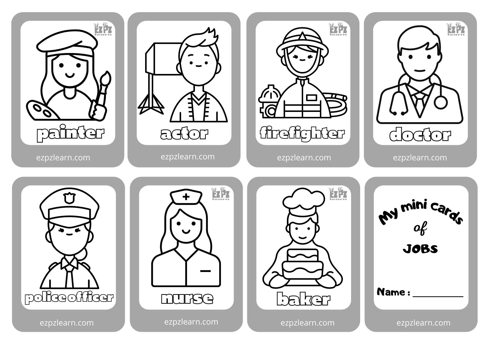 Jobs Mini Coloring Cards Free PDF Download Ezpzlearn