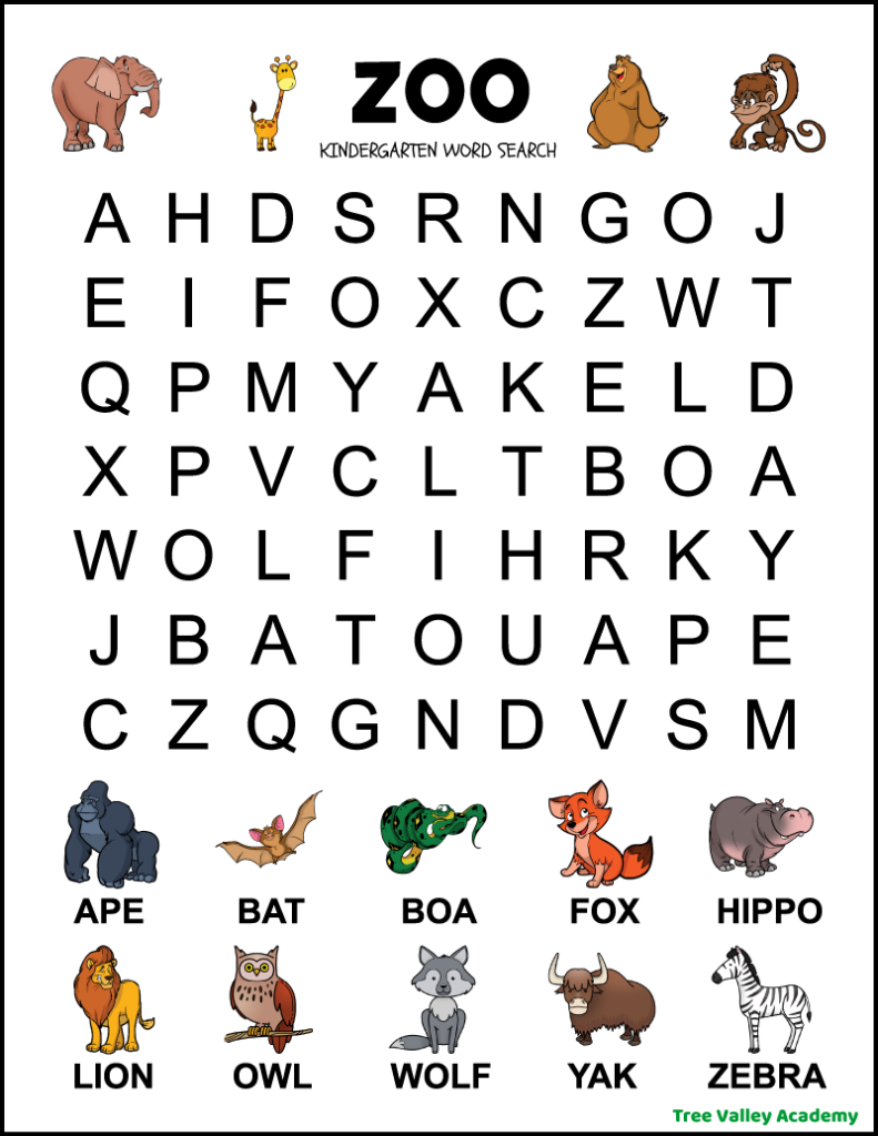 Kindergarten Zoo Animal Word Search Tree Valley Academy Kindergarten Zoo Animal Word Search Tree Valley Academy