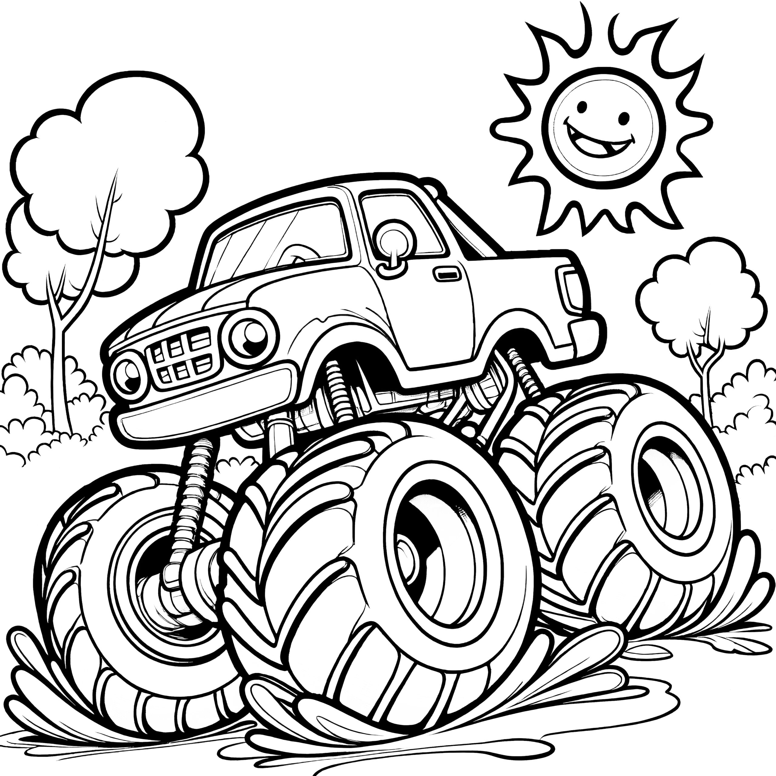 Monster Truck Trees And Sun Coloring Page For Children Free Monster Truck Trees And Sun Coloring Page For Children Free