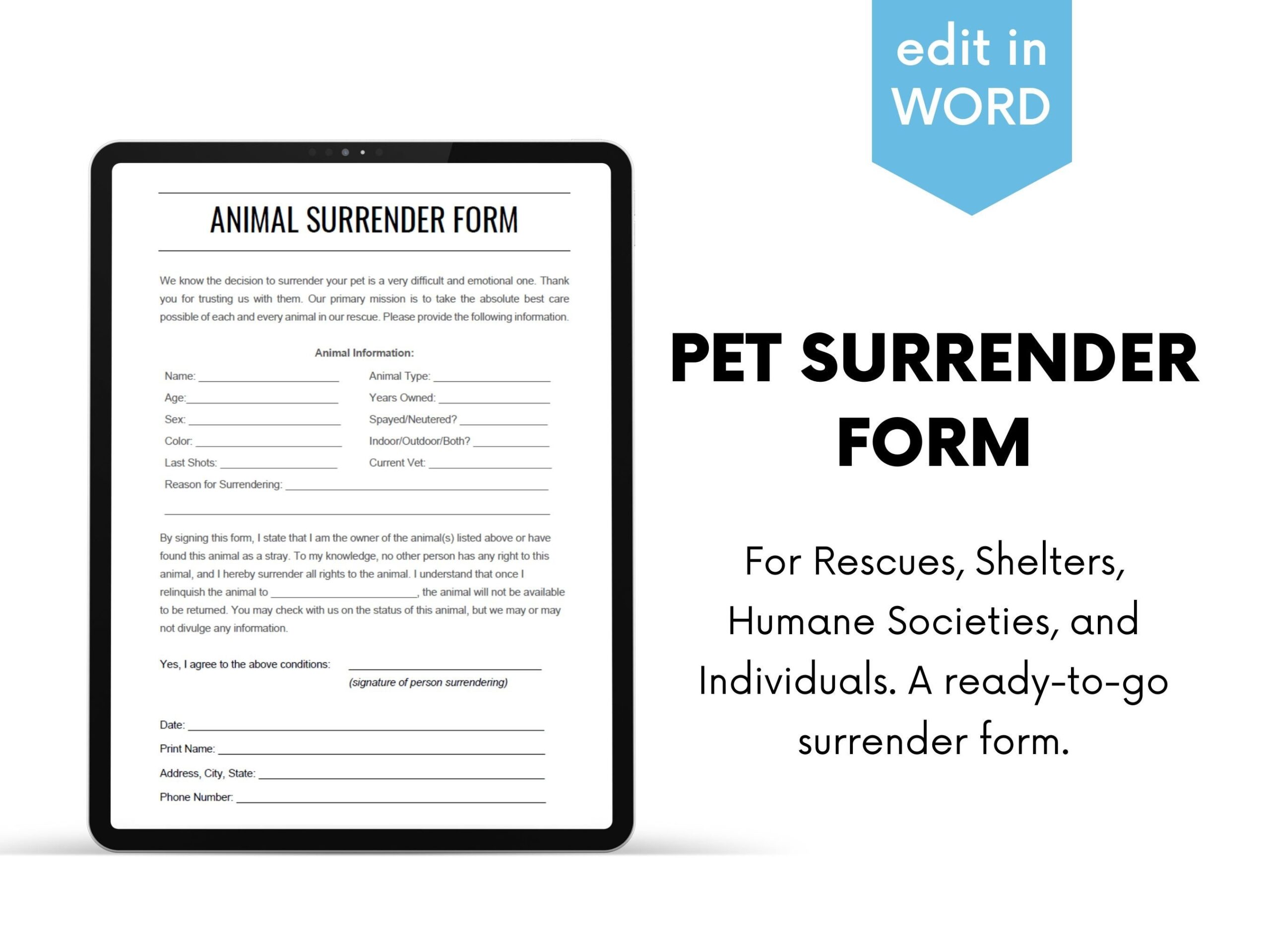 Pet Dog Cat Surrender Form contract For Shelters Rescues And Individuals Etsy Pet Dog Cat Surrender Form contract For Shelters Rescues And Individuals Etsy