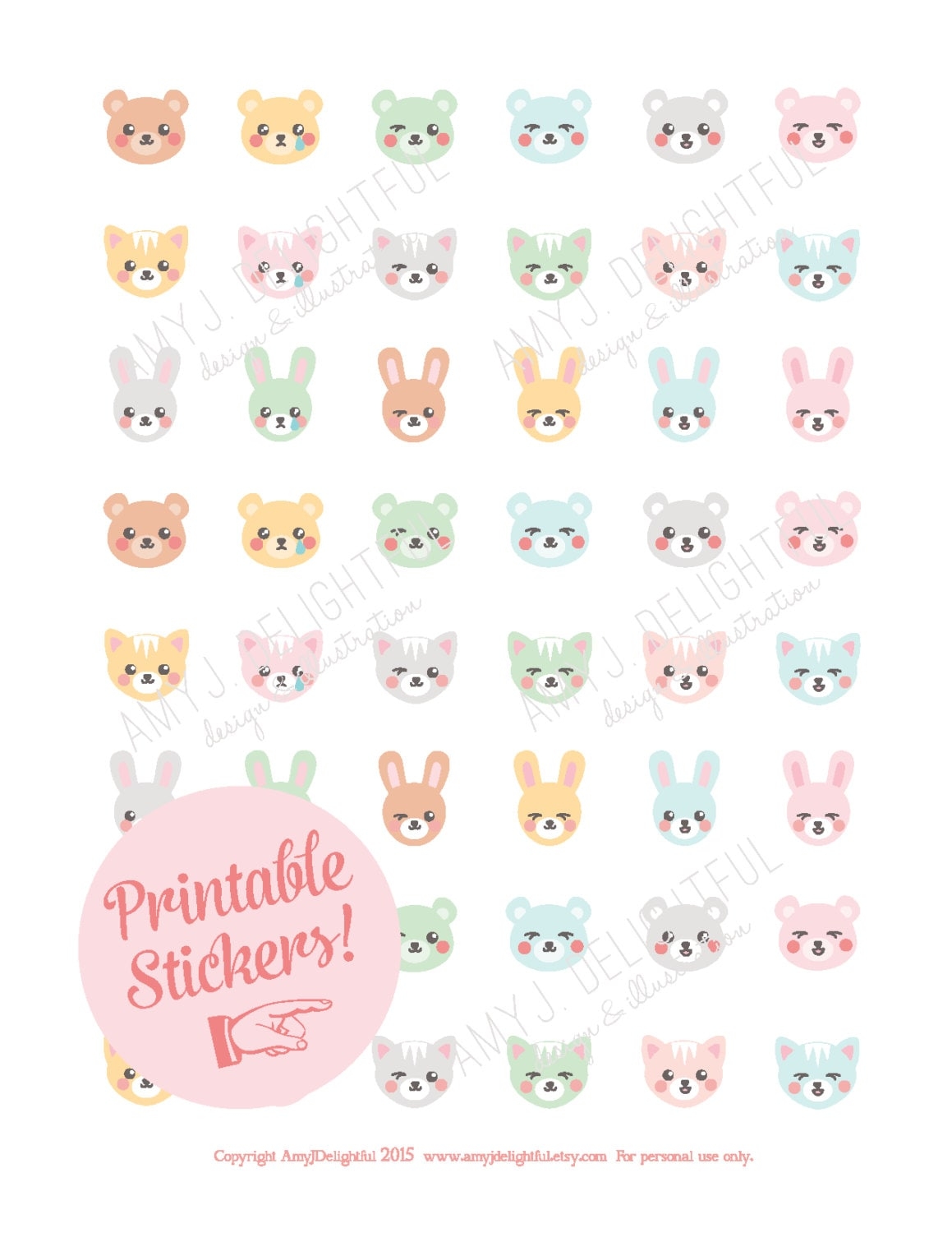Printable Animal Emoticon Stickers Digital File Instant Download Pastels Bear Bunny Cat Kawaii Happy Planner Stickers Erin Condren Etsy
