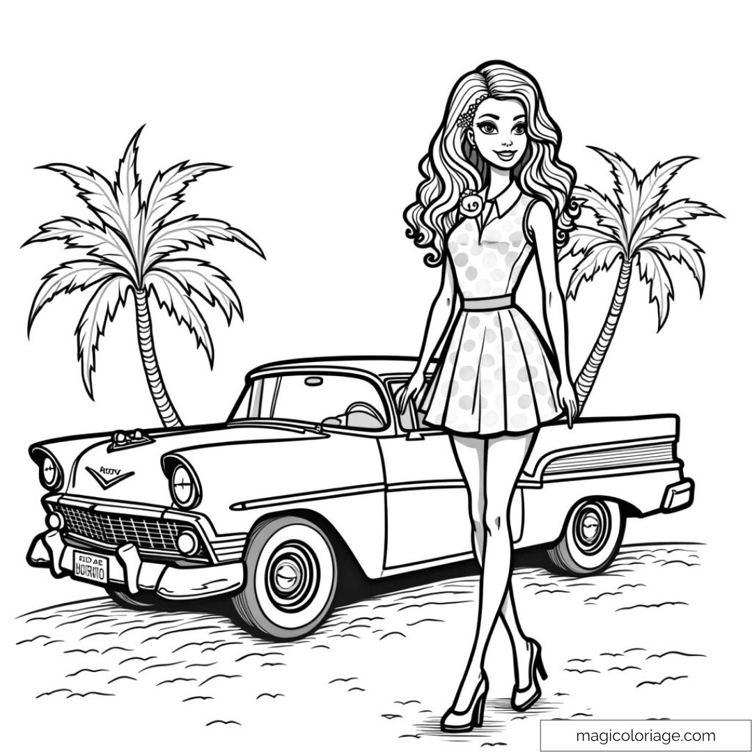Retro Barbie And Classic Car Coloring Page Under Palm Trees Retro Barbie And Classic Car Coloring Page Under Palm Trees