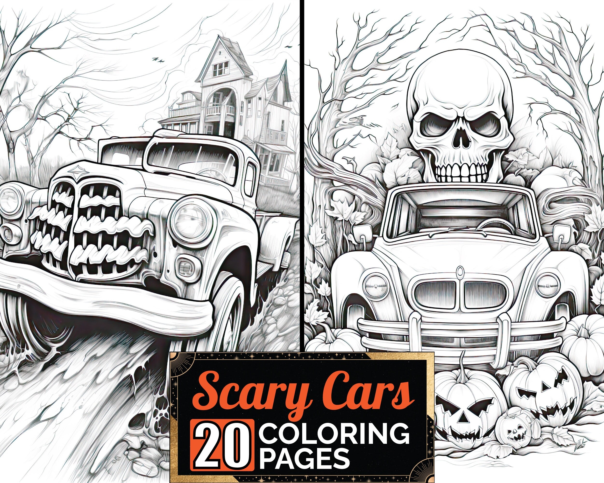 Scary Halloween Cars Coloring Book 20 Greyscale Adult Kids Detailed Spooky Theme Colouring Page A4 Sheet Printable Digital PDF Download Etsy