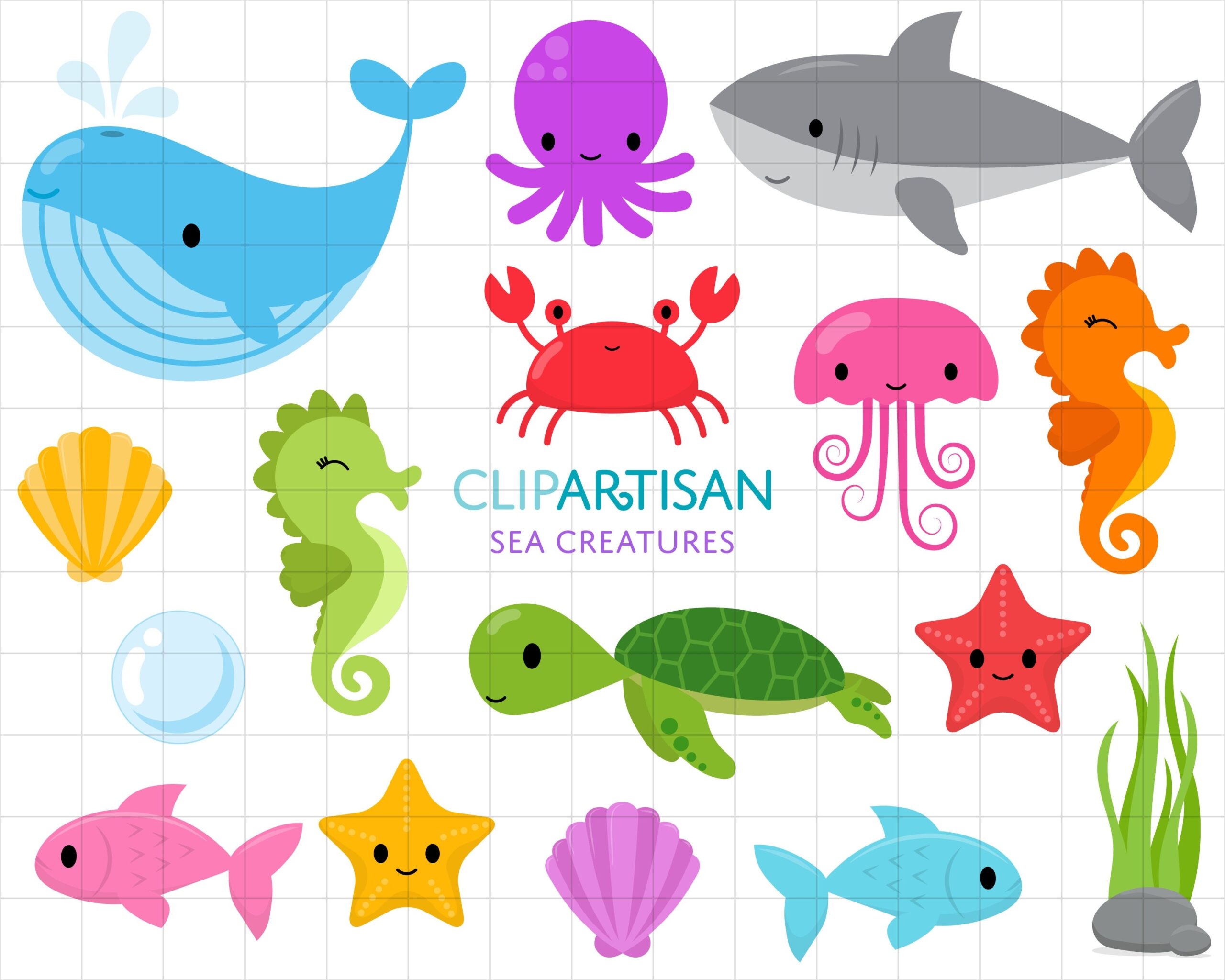 Sea Creatures Clipart Under The Sea Clip Art Whale Shark Turtle Crab Seahorse Octopus Jellyfish Etsy