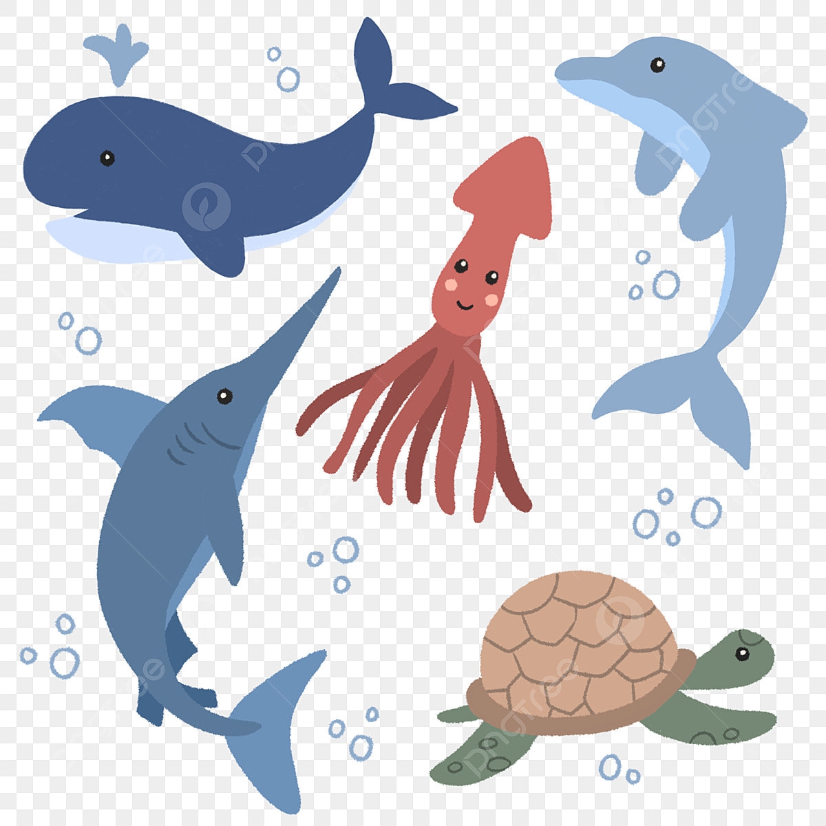 Sea Creatures White Transparent Cute Under The Sea Creature Element Printable Sticker Set Illustration In Hand Drawn Style Under The Sea Clipart Shark Dolphin PNG Image For Free Download