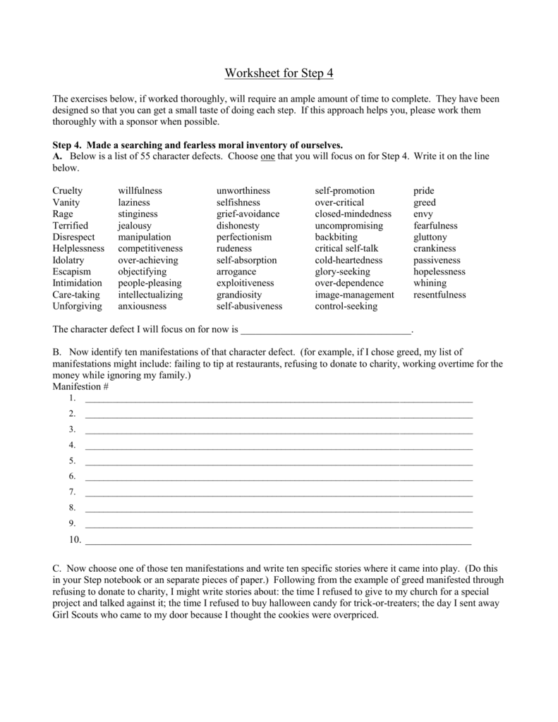 Step 4 Worksheet Moral Inventory Character Defects Step 4 Worksheet Moral Inventory Character Defects