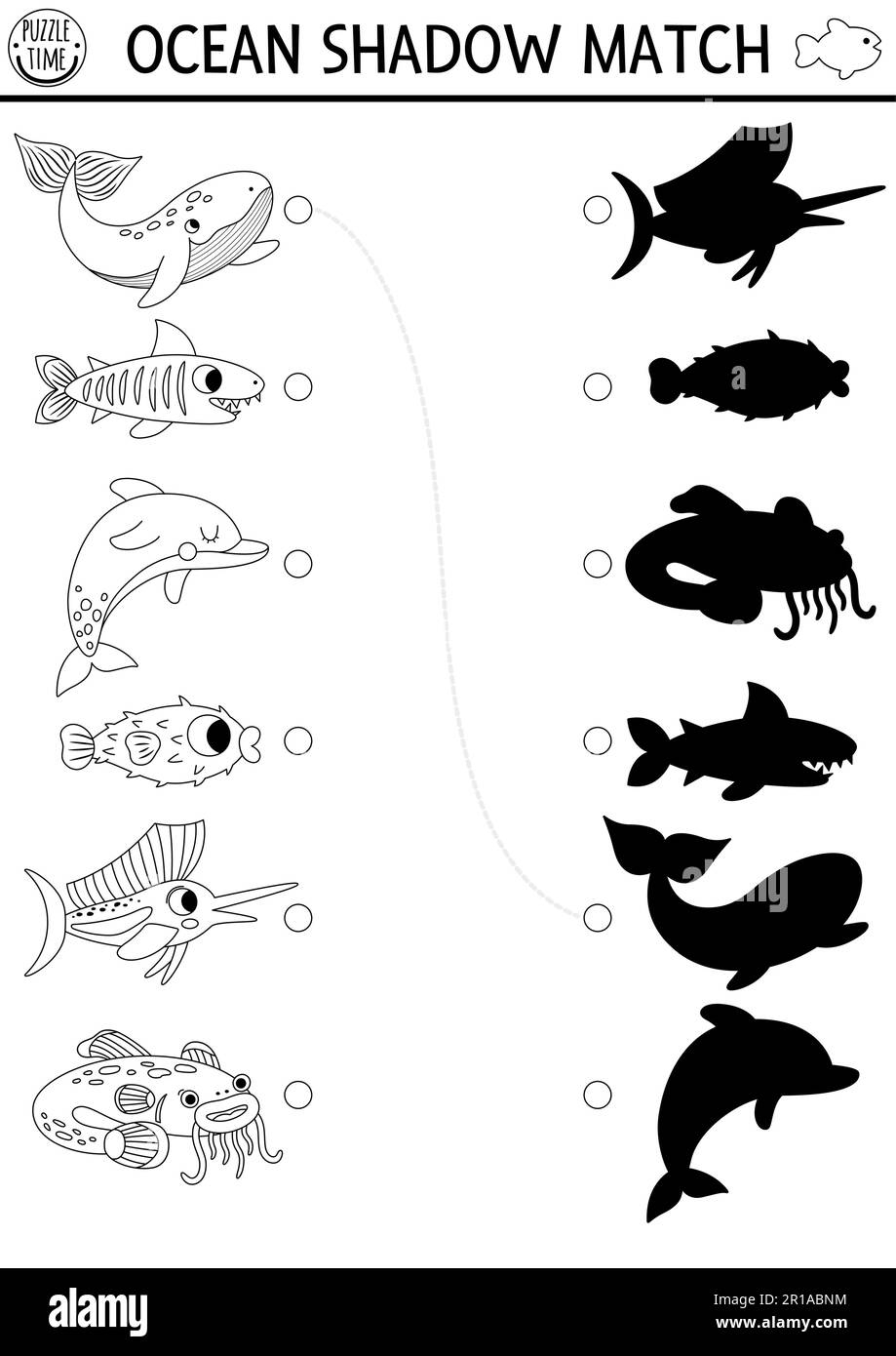Under The Sea Black And White Shadow Matching Activity With Fish Ocean Line Puzzle With Cute Whale Dolphin Shark Find Correct Silhouette Printable Stock Vector Image Art Alamy