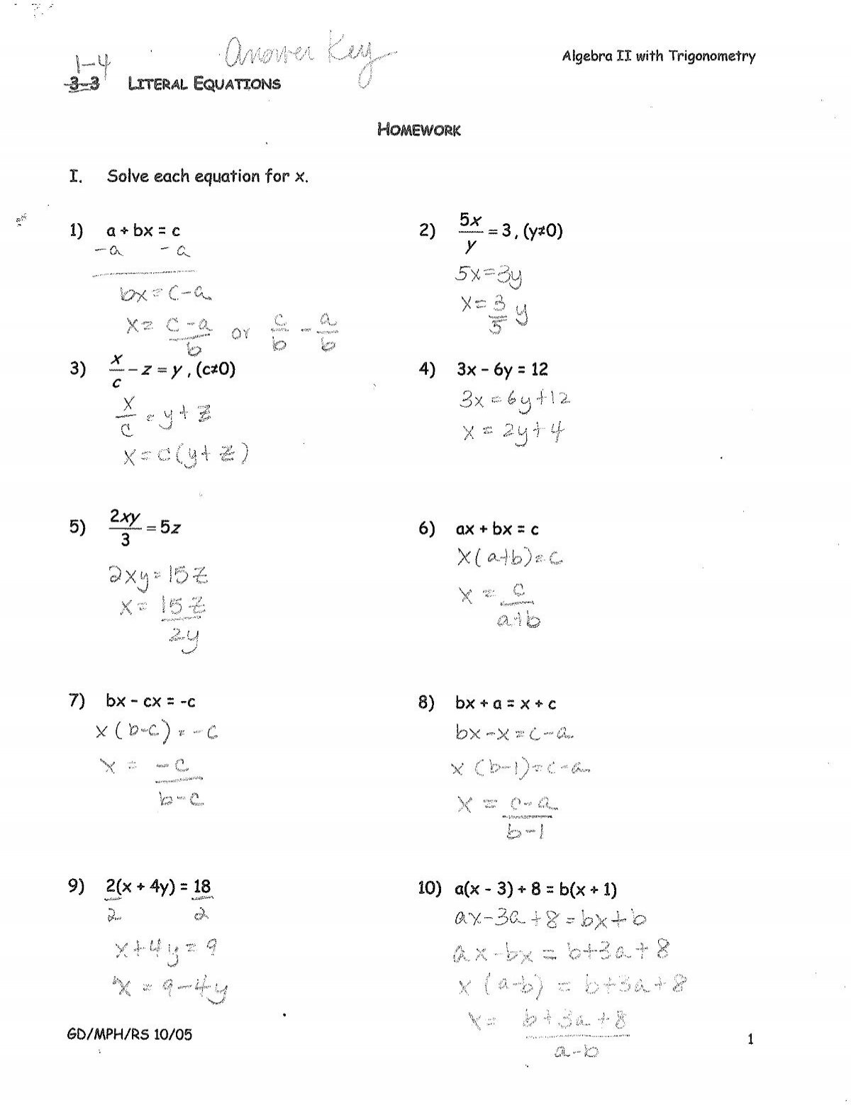 1 4 Literal Equations HW Answers 1 4 Literal Equations HW Answers