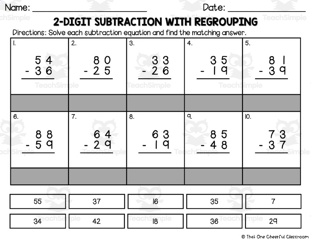 2 Digit Subtraction With Regrouping Matching Worksheet By Teach Simple 2 Digit Subtraction With Regrouping Matching Worksheet By Teach Simple
