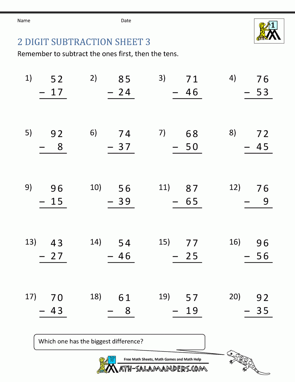 2 Digit Subtraction Worksheets 2 Digit Subtraction Worksheets