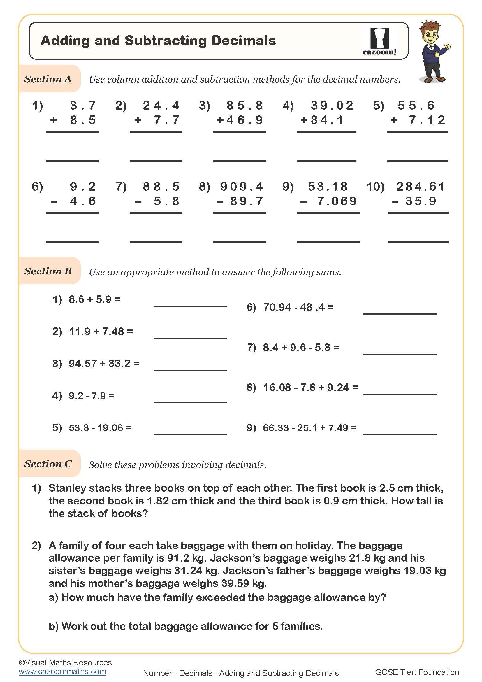 Adding And Subtracting Decimals Worksheet PDF Printable Worksheet Adding And Subtracting Decimals Worksheet PDF Printable Worksheet