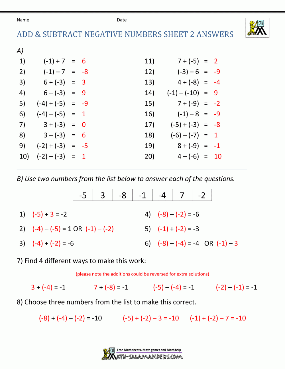 subtraction integers worksheets subtraction integers worksheets