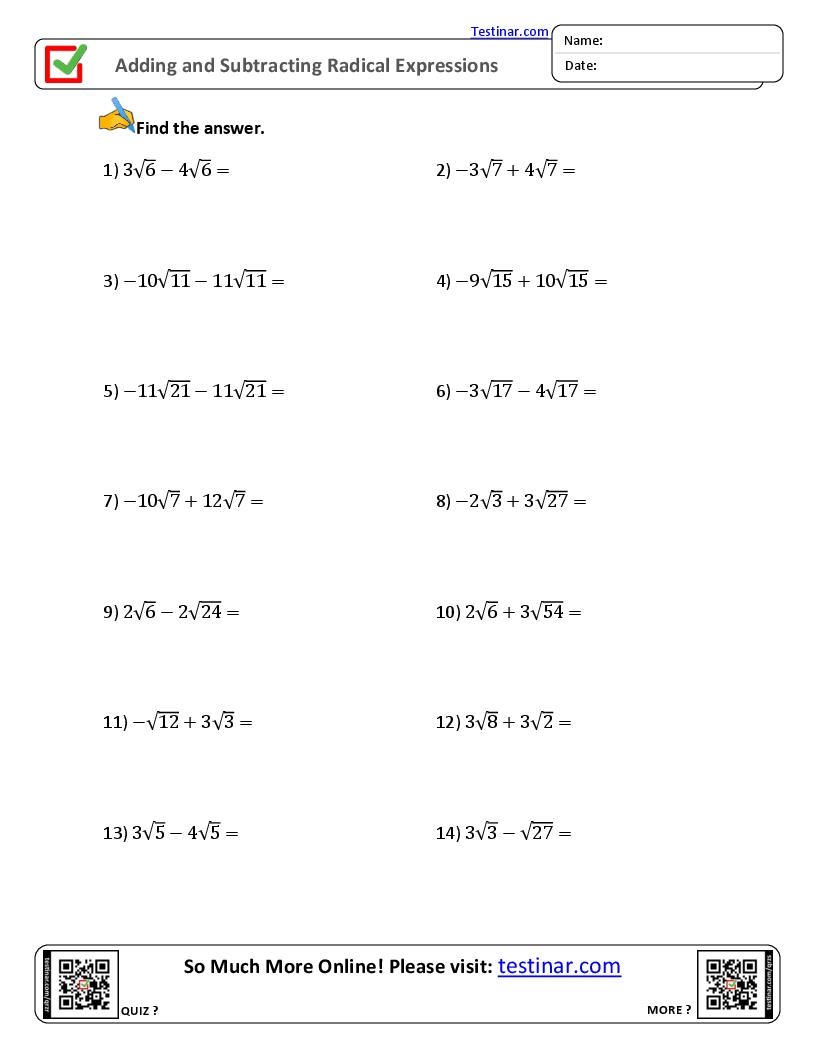 Adding And Subtracting Radical Expressions Worksheets Adding And Subtracting Radical Expressions Worksheets