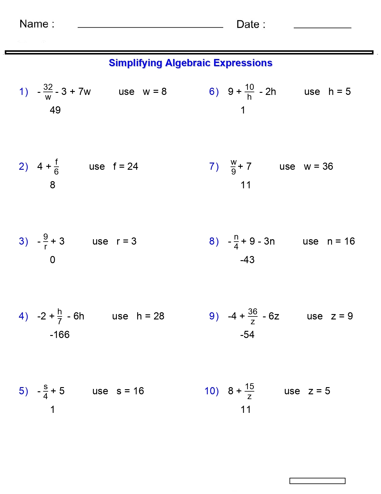 Algebraic Expressions Worksheets Evaluating One Variable Worksheets 2 3 Terms Made By Teachers Algebraic Expressions Worksheets Evaluating One Variable Worksheets 2 3 Terms Made By Teachers