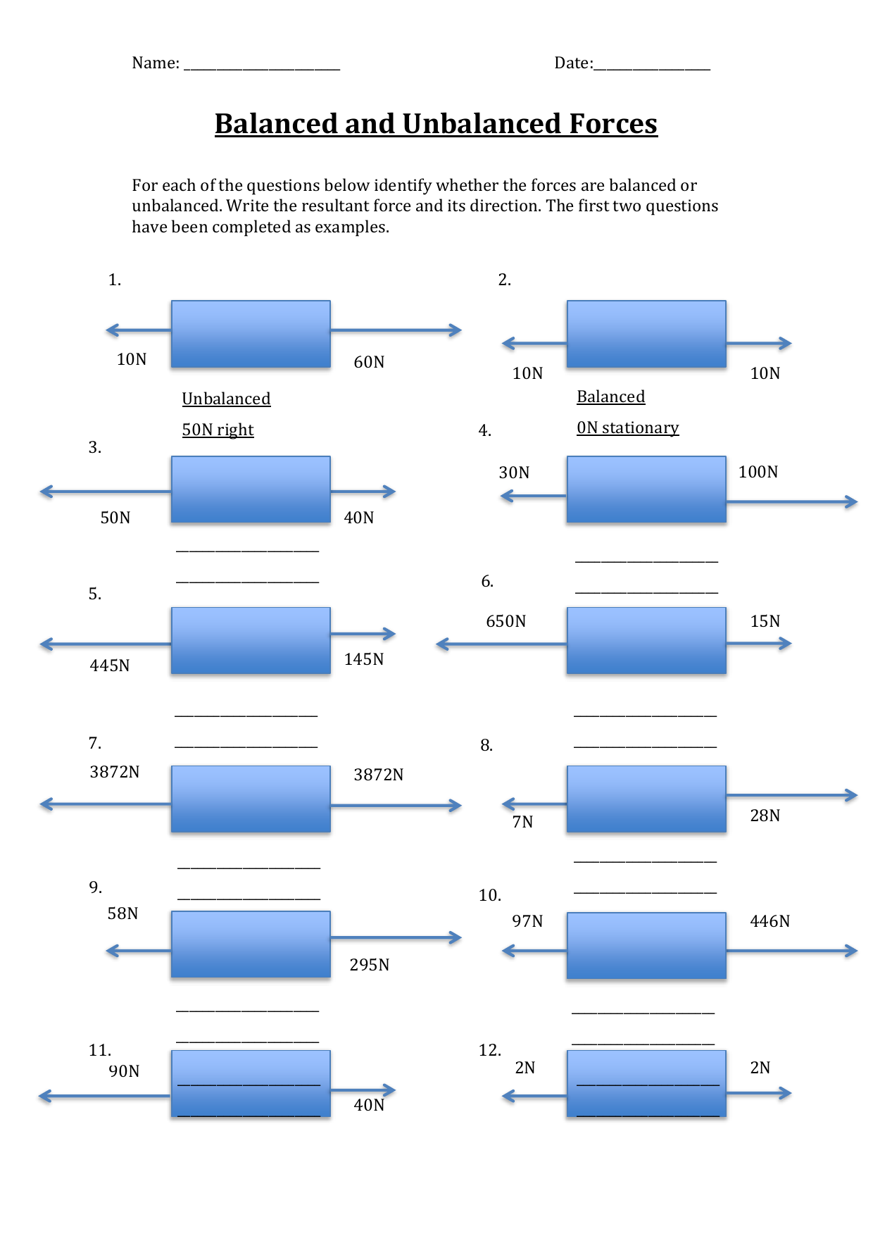 Balanced Unbalanced Forces Worksheet Balanced Unbalanced Forces Worksheet