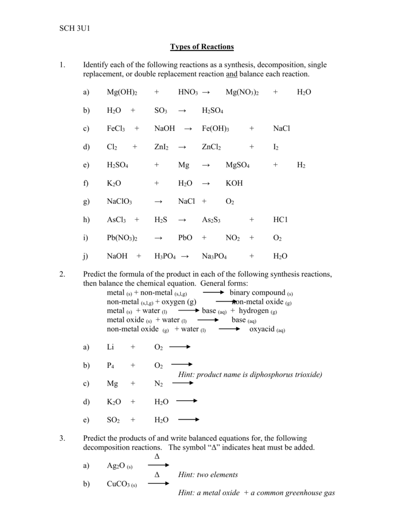 Chemical Reactions Worksheet Balancing Predicting Products Chemical Reactions Worksheet Balancing Predicting Products