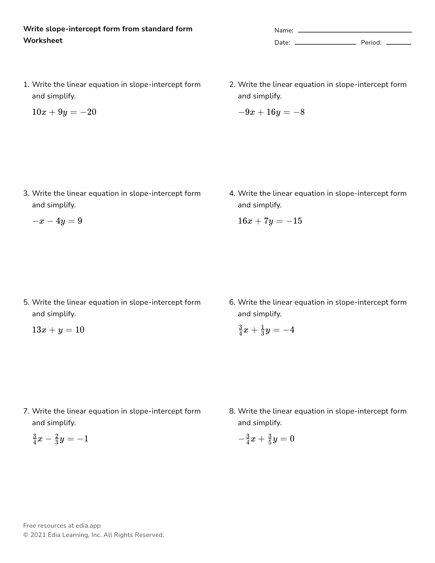 slope point form worksheet
