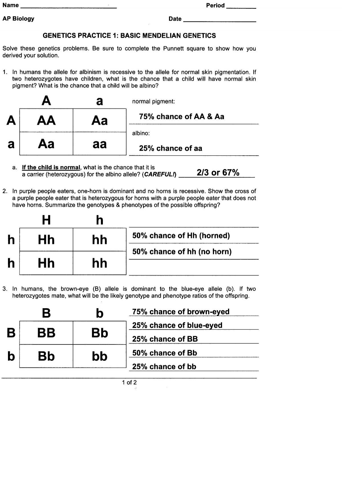 GENETICS PRACTICE 1 BASIC MENDELIAN GENETICS Quia