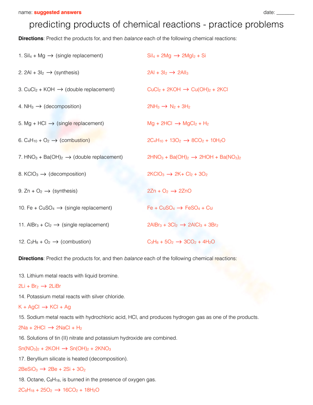 Grade 10 Predicting Products Of Chemical Reactions Worksheets Printable Grade 10 Predicting Products Of Chemical Reactions Worksheets Printable