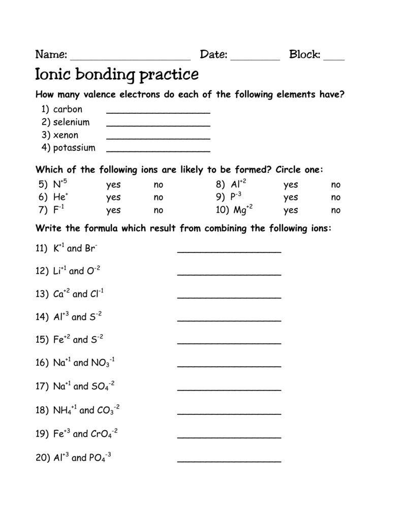Ionic Bonding Practice Worksheet Ionic Bonding Practice Worksheet