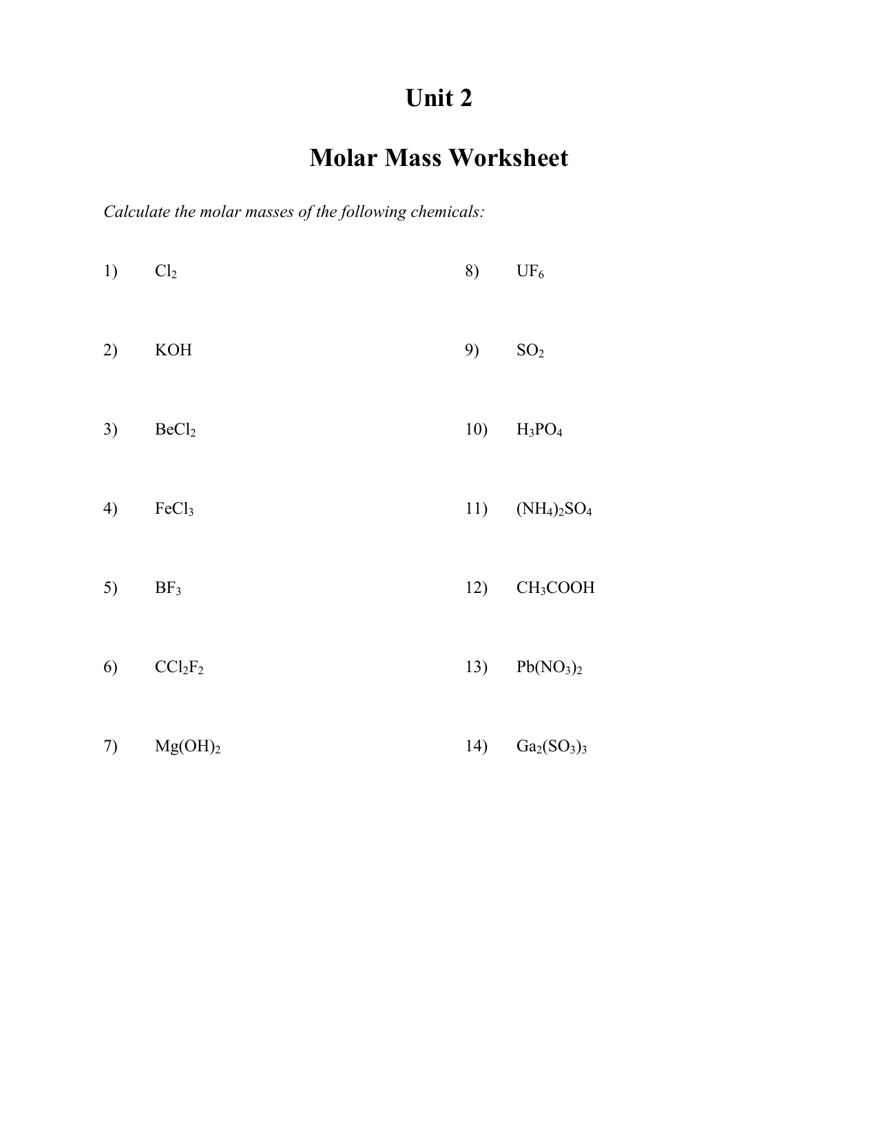 Mole Calculation Worksheet Molar Mass Conversions Mole Calculation Worksheet Molar Mass Conversions
