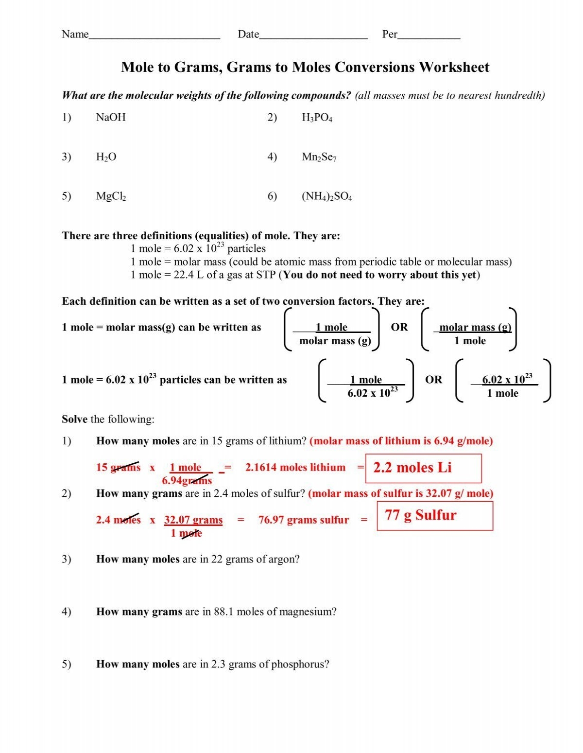 Mole Calculation Worksheet Mole Calculation Worksheet