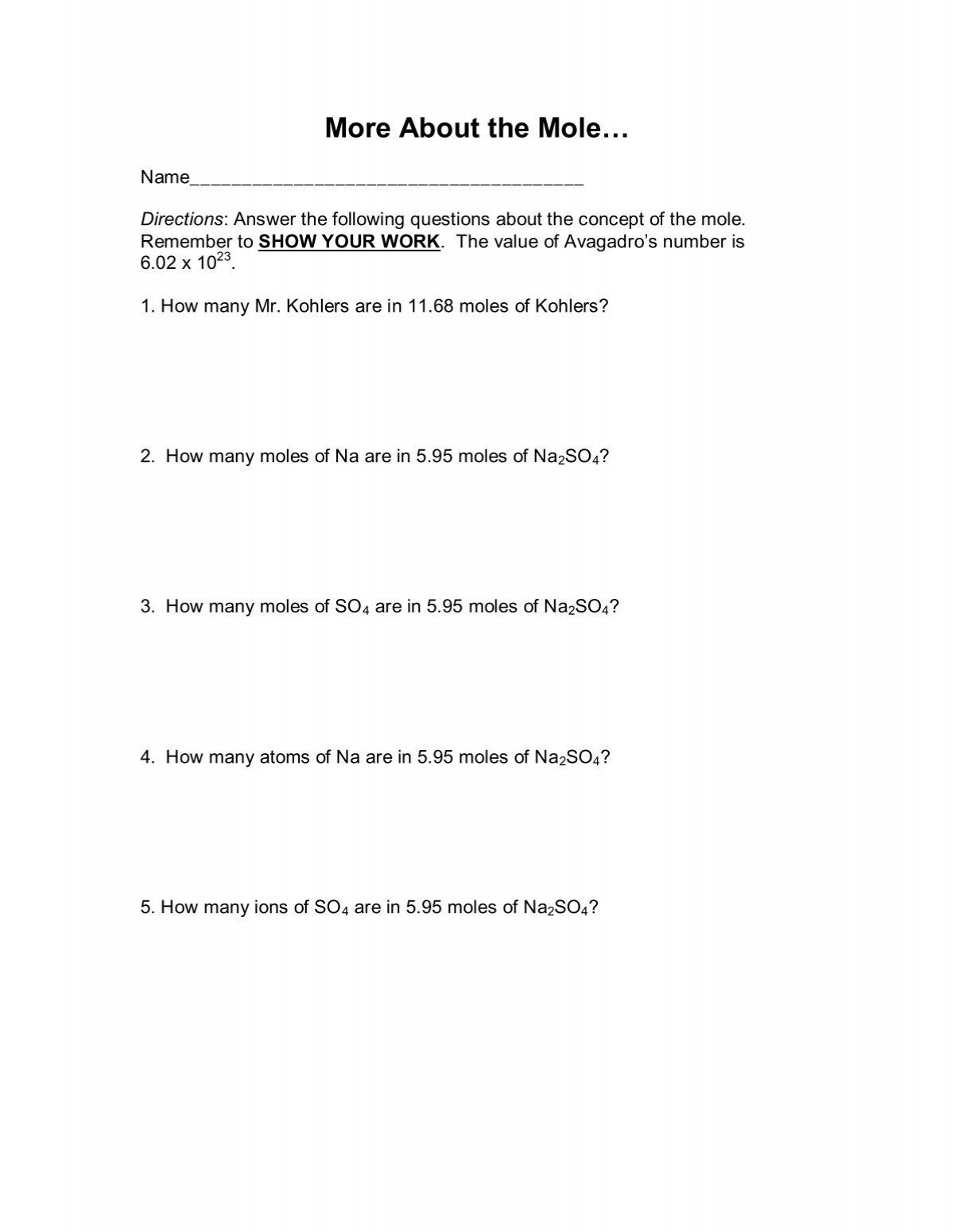More About The Mole Worksheet More About The Mole Worksheet