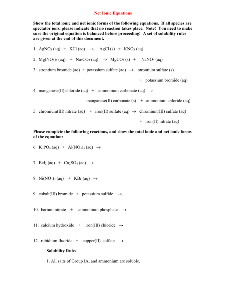 Net Ionic Equations Worksheet Net Ionic Equations Worksheet