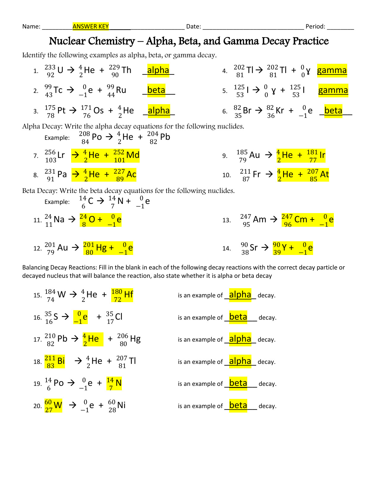 Nuclear Chemistry Decay Practice Worksheet Nuclear Chemistry Decay Practice Worksheet