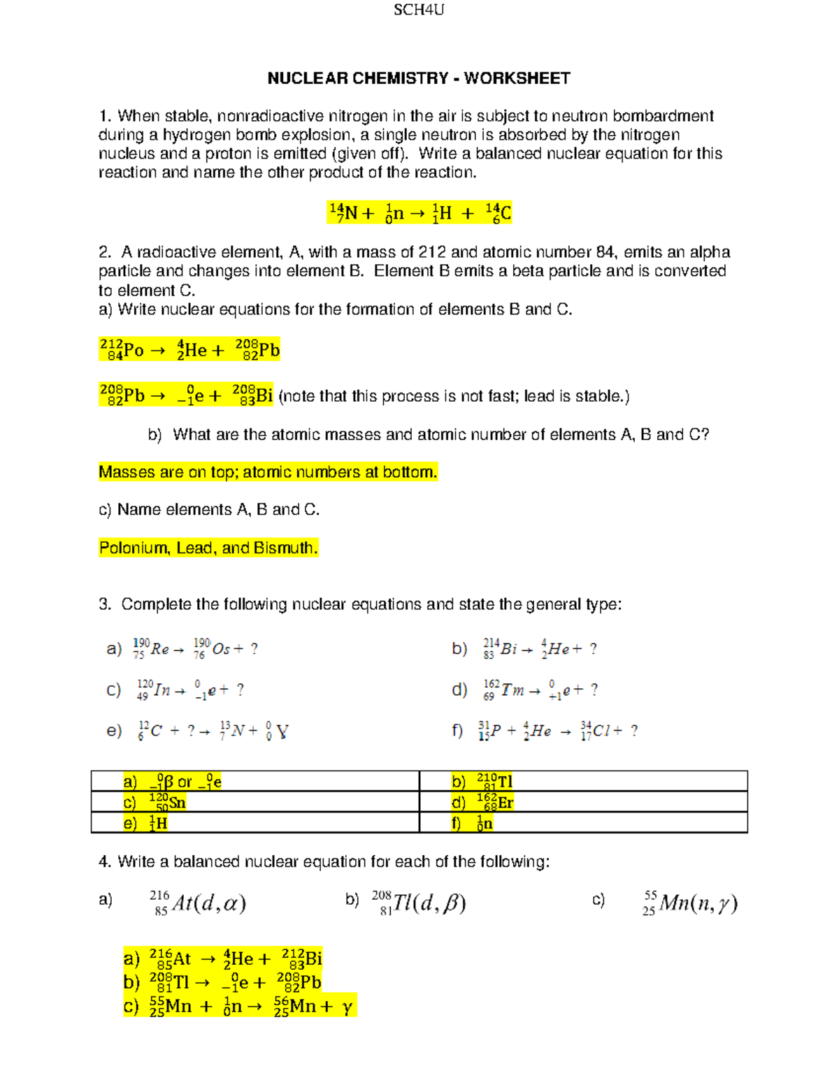Nuclear Chemistry Worksheet Answer KEY SCH4U NUCLEAR CHEMISTRY WORKSHEET When Stable Studocu