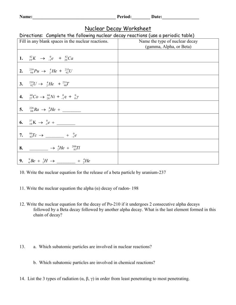 nuclear decay worksheet nuclear decay worksheet