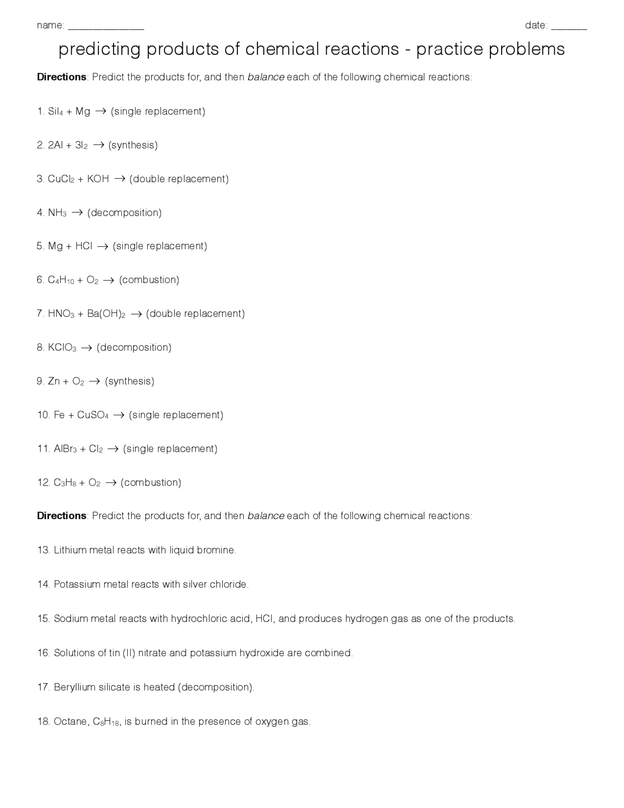 Predicting Products Of Chemical Reactions Worksheet Exercises Chemistry Docsity Predicting Products Of Chemical Reactions Worksheet Exercises Chemistry Docsity