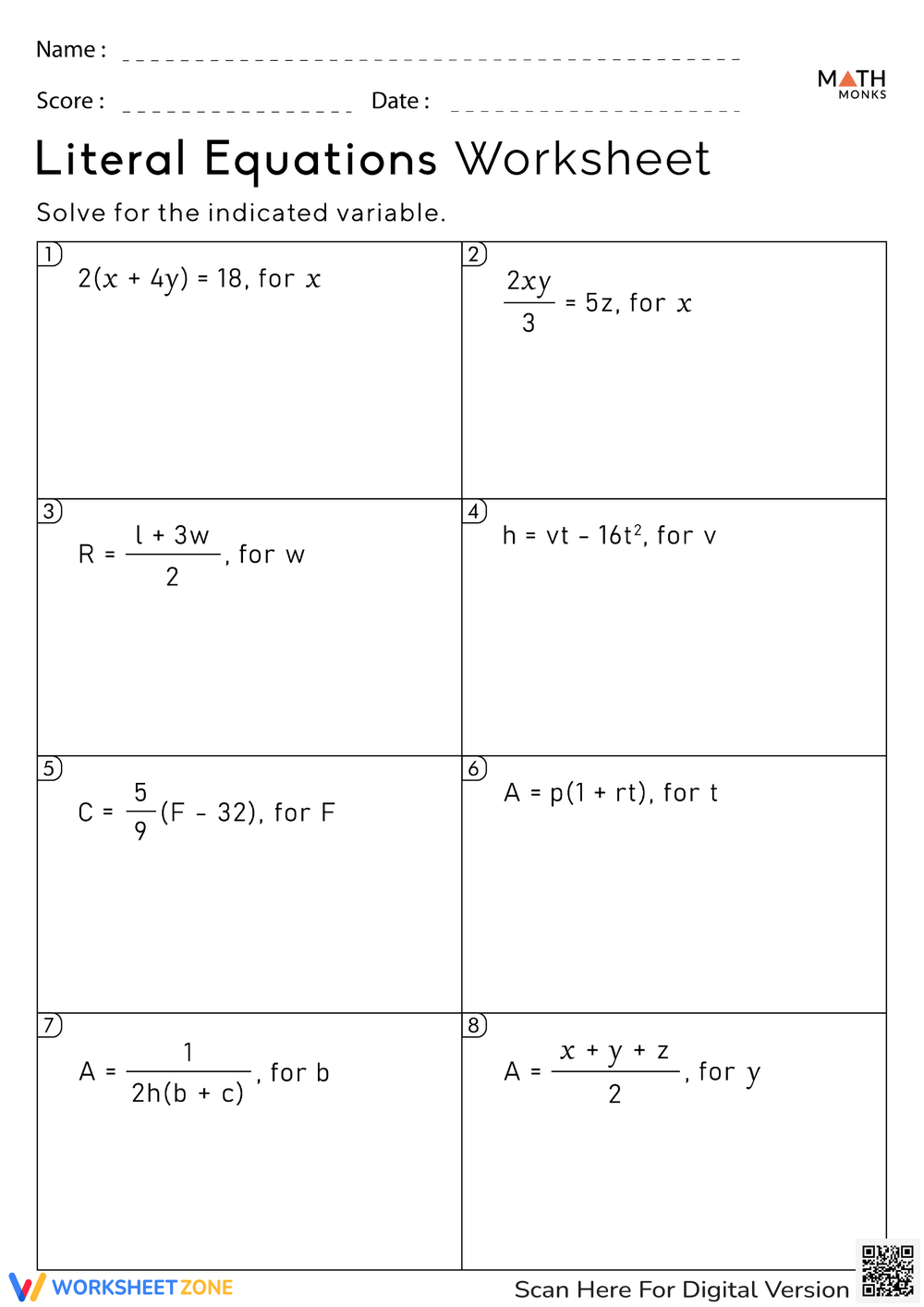 Printable Grade 8 Solving Literal Equations Worksheets Printable Grade 8 Solving Literal Equations Worksheets