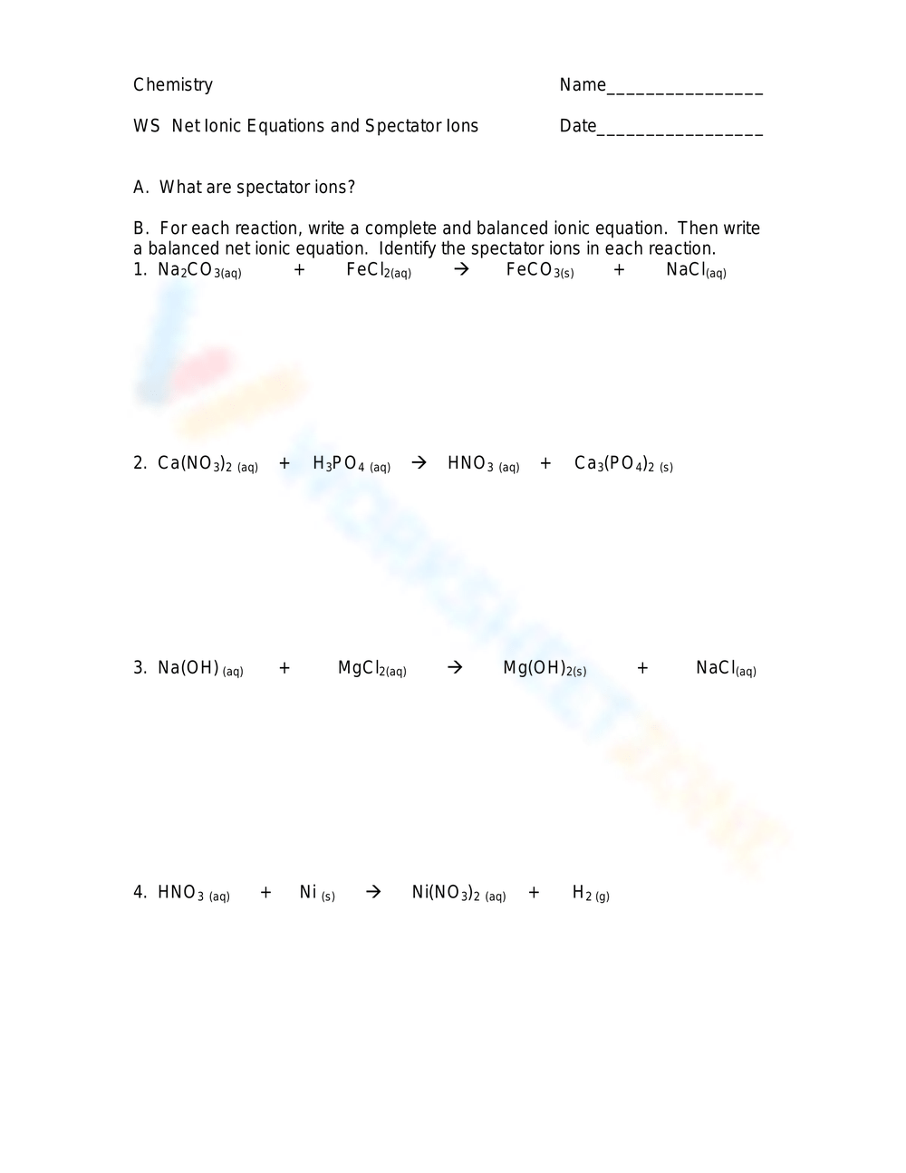 Printable Net Ionic Equation Worksheets Printable Net Ionic Equation Worksheets